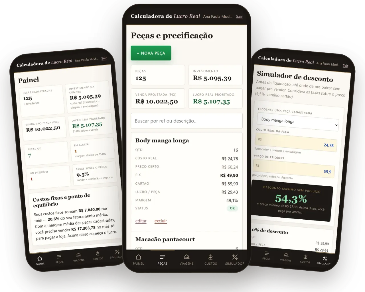 Calculadora de Lucro Real no celular — Painel, Peças e Simulador de desconto