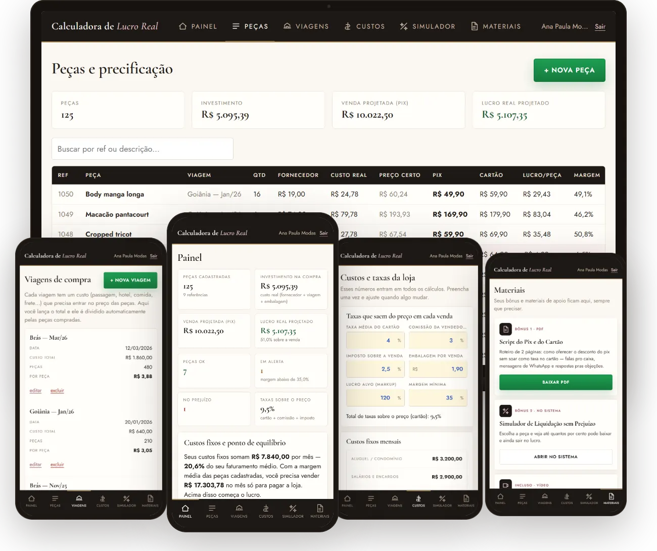 Calculadora de Lucro Real no notebook e em quatro celulares: Peças, Viagens, Painel, Custos e Materiais
